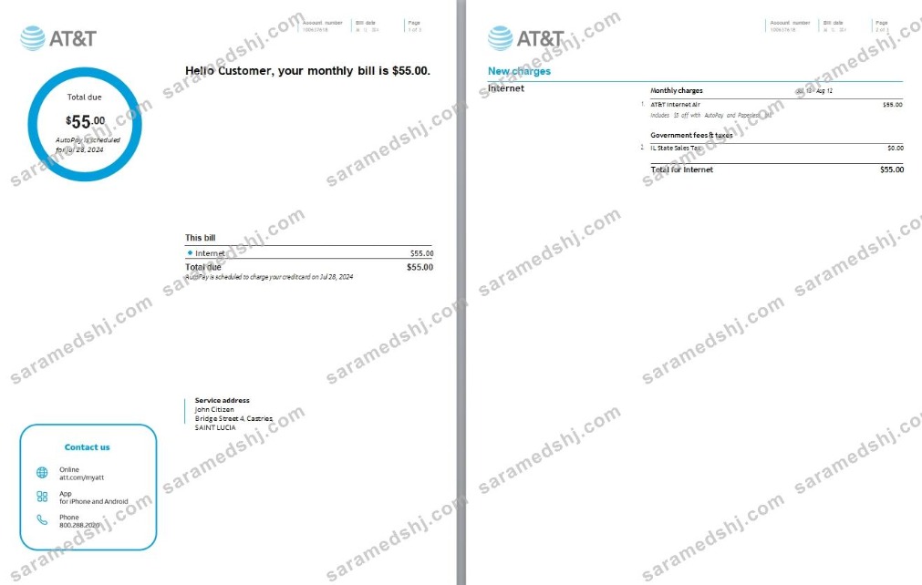 Saint Lucia internet utility bill, 3 pages scr